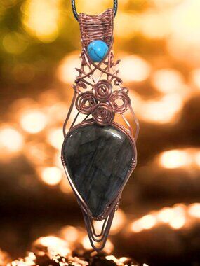 Blue Flash Labradorite Wire Wrapped Copper Pendant Necklace Handmade Gemstone 4"